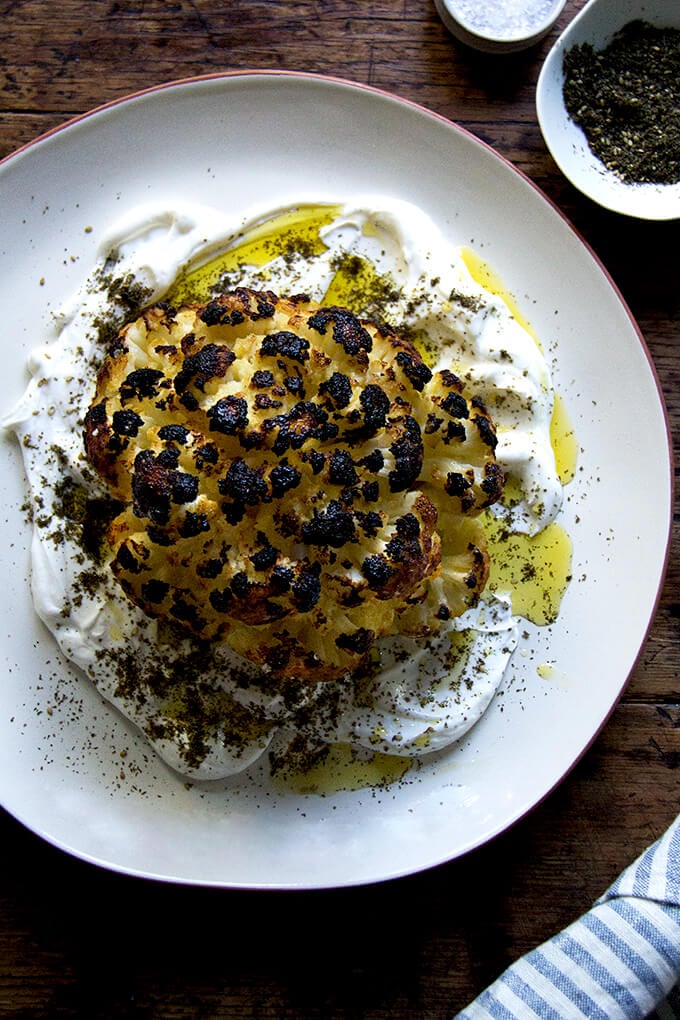 Whole Roasted Cauliflower with Zesty Lemony Yogurt Sauce